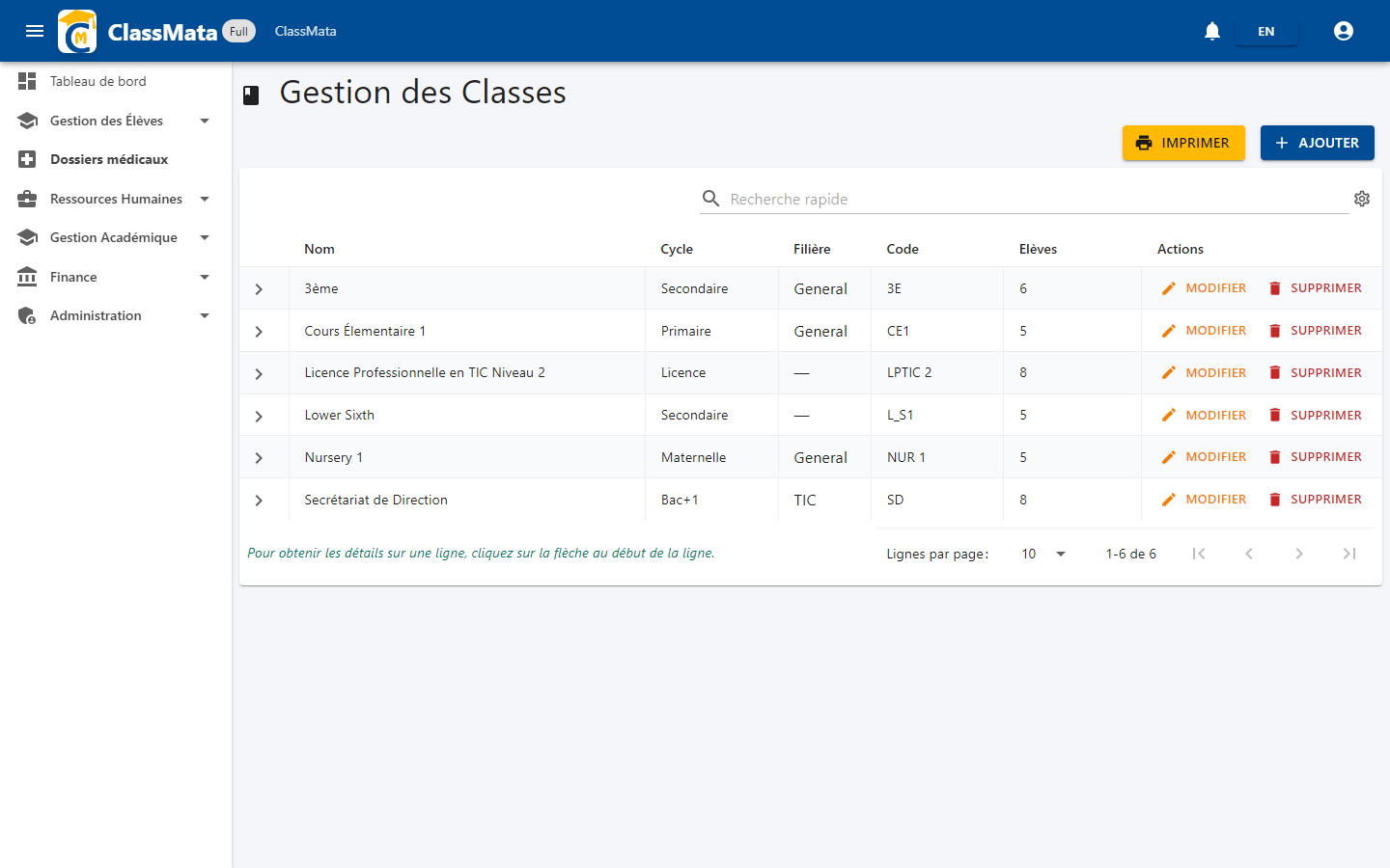 Liste des classes