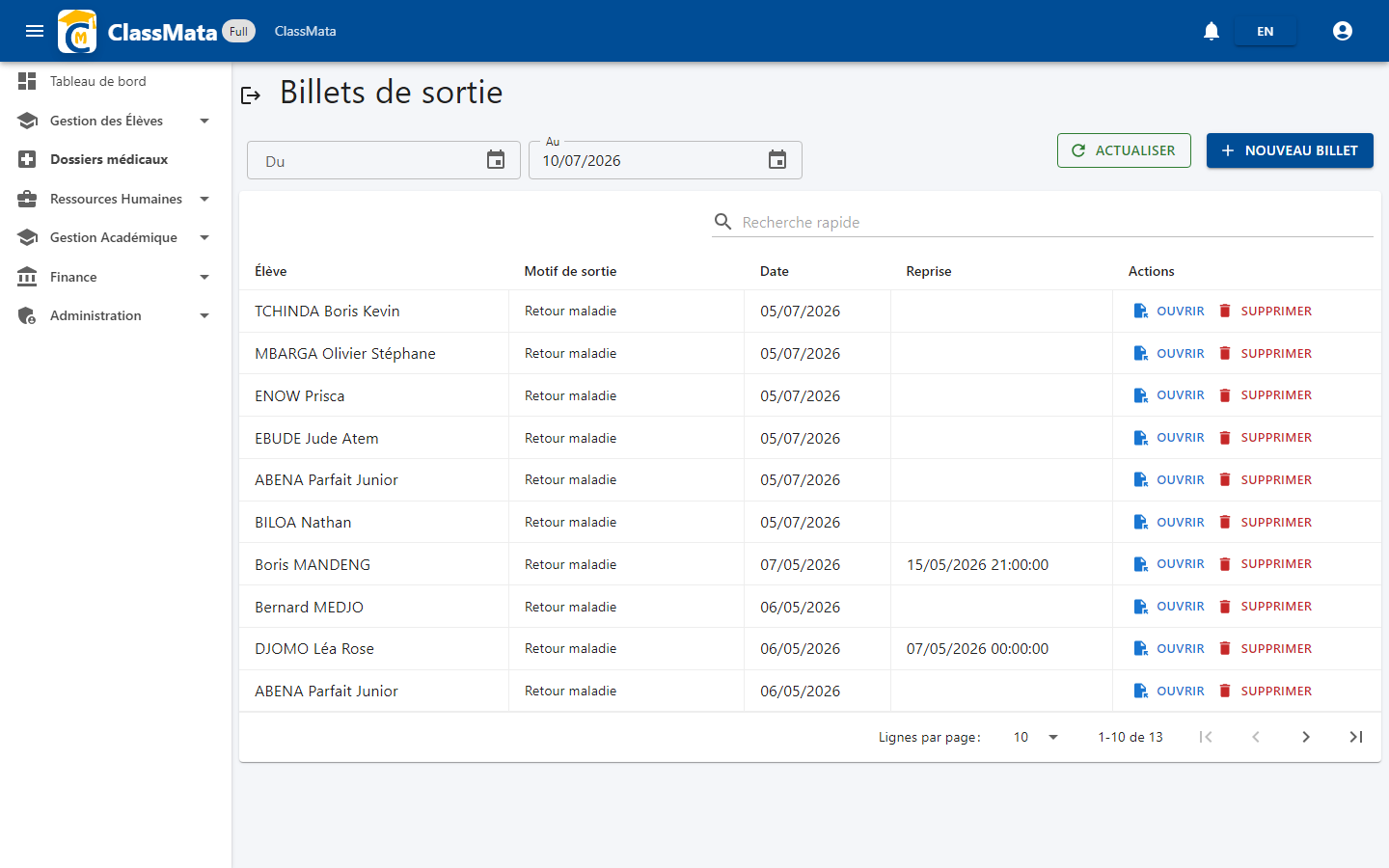 Liste des billets de sortie