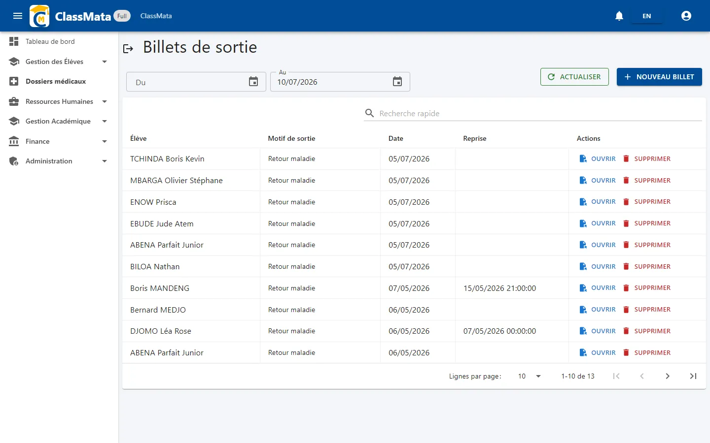 Liste des billets de sortie