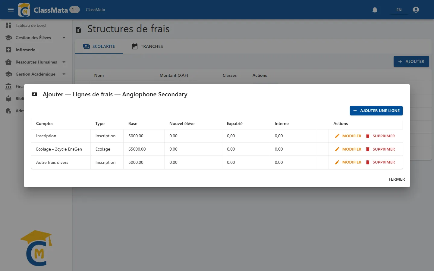 Lignes d'une structure de frais