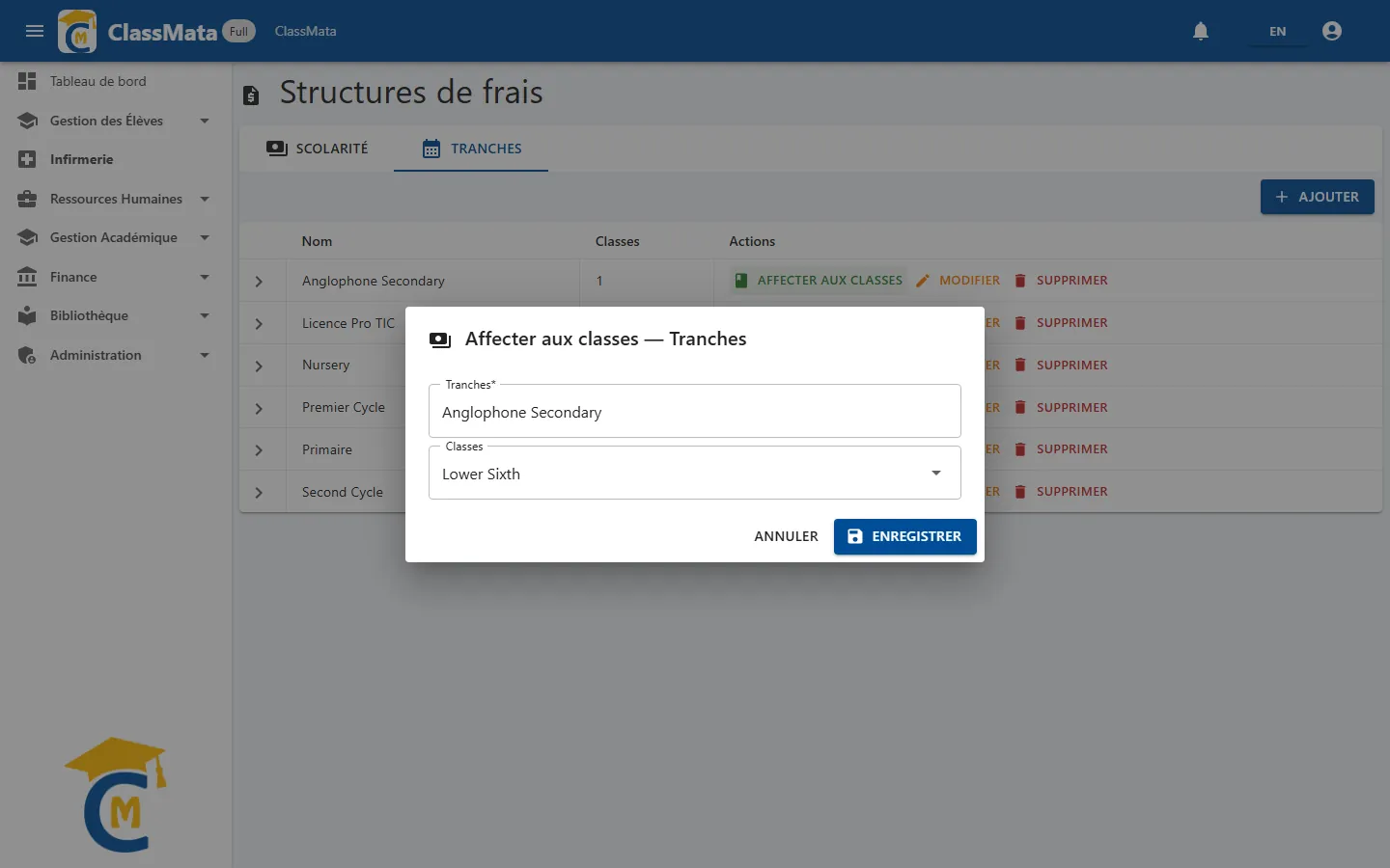 Affectation d'un échéancier aux classes