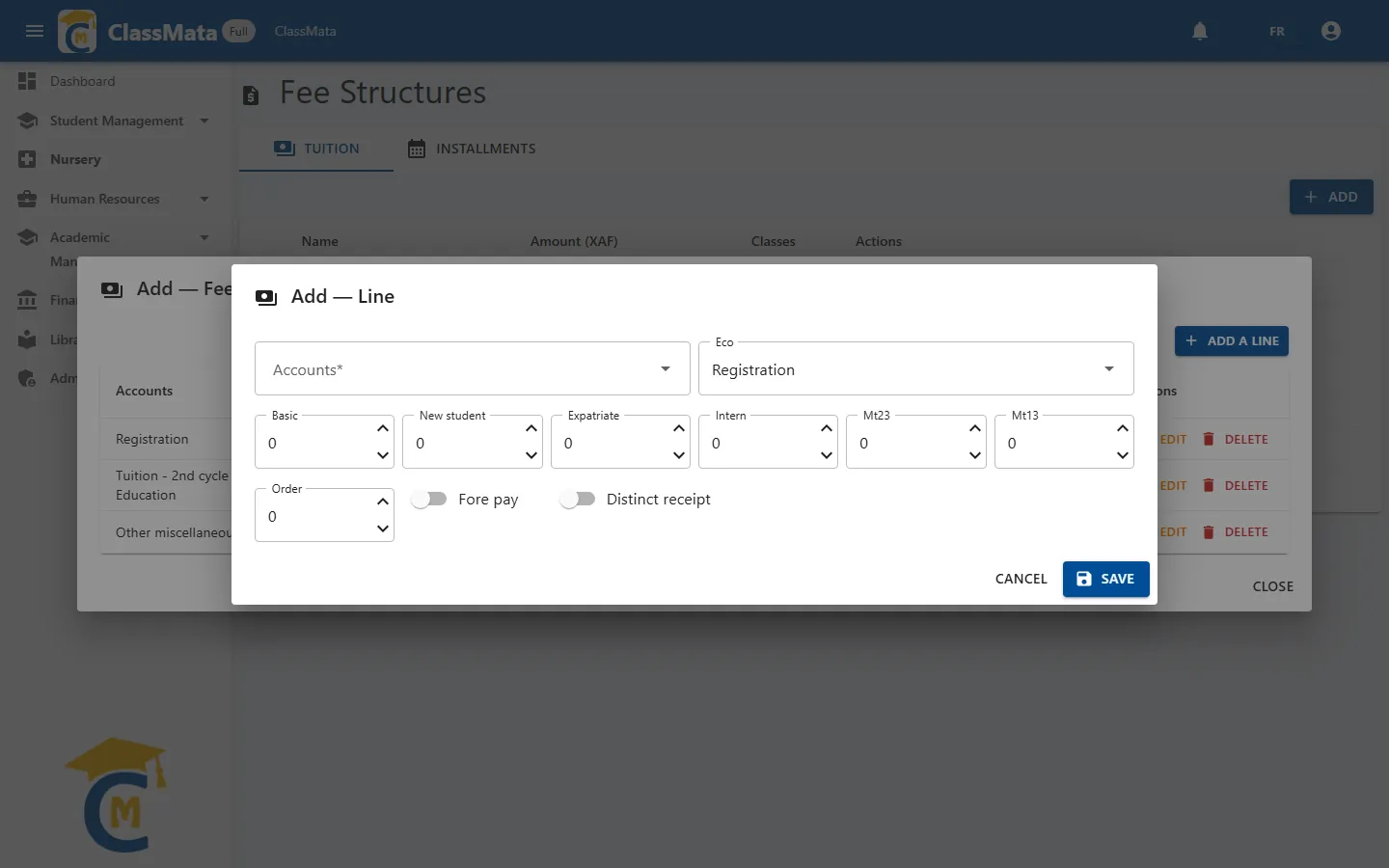 Fee line form