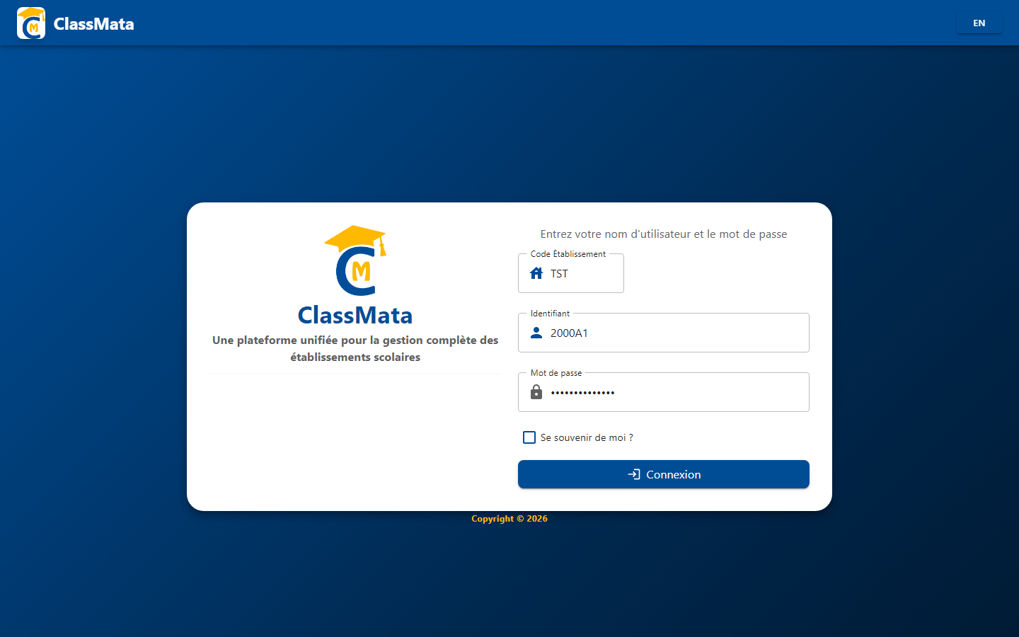 Écran de connexion ClassMata