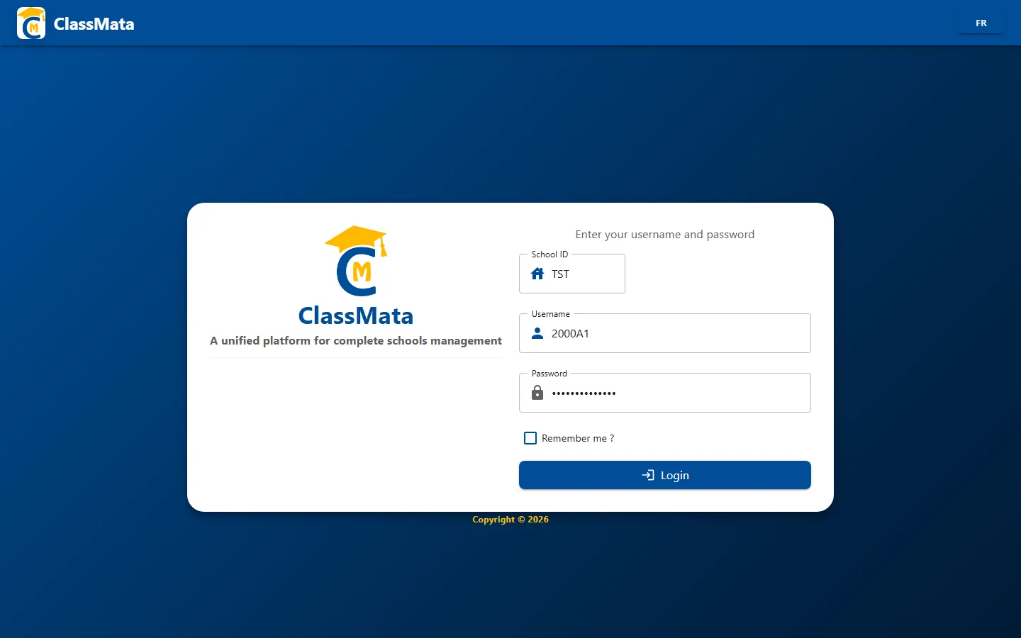 ClassMata login screen