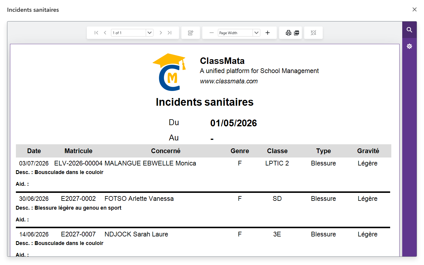 Rapport des incidents sanitaires