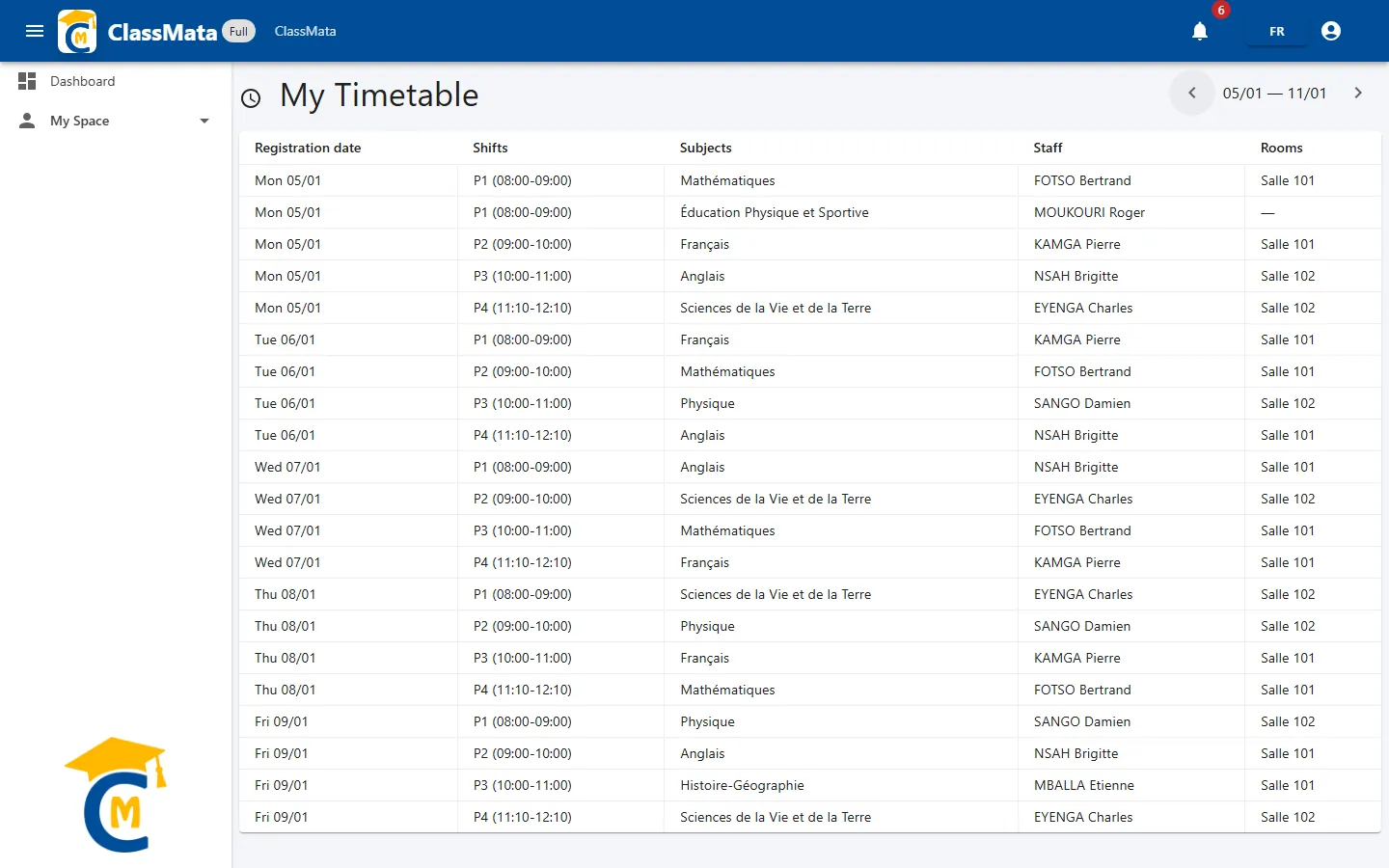 My Timetable: week of 05/01