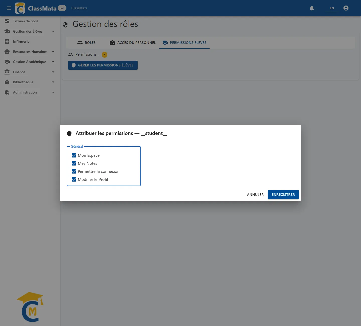 Permissions du rôle élève
