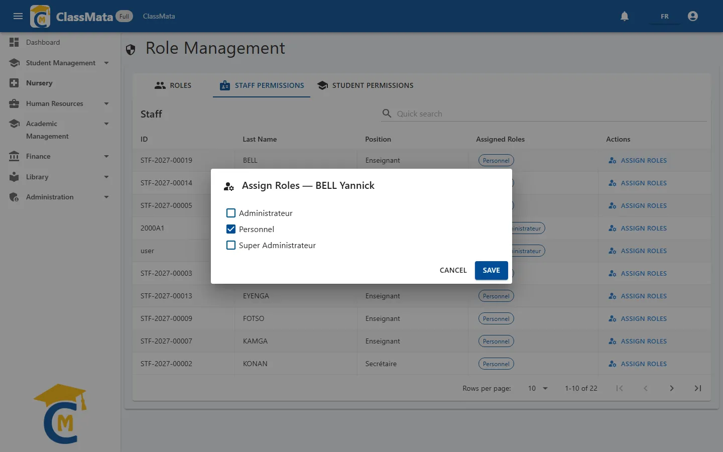Assigning roles to a staff member