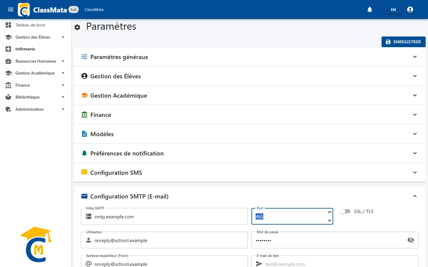 Volet Configuration SMTP