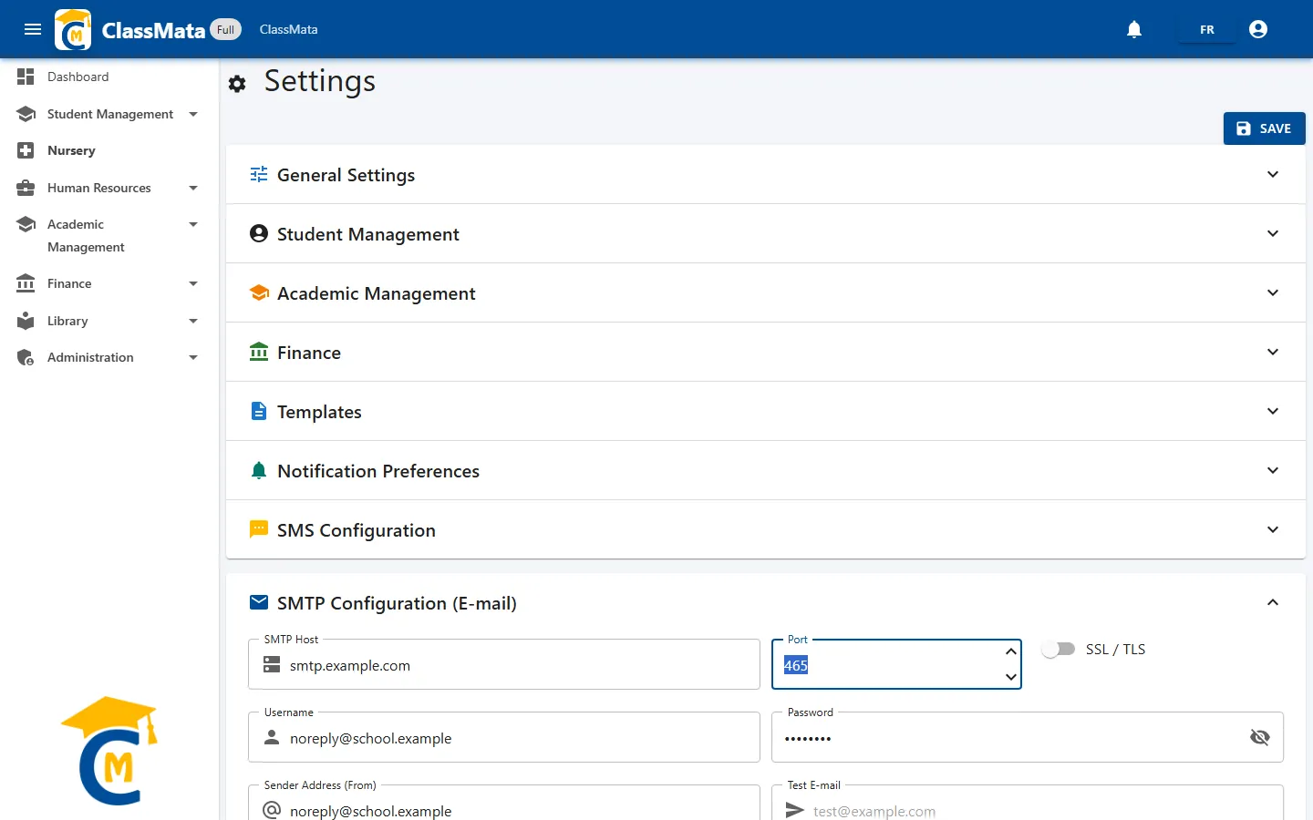 SMTP Configuration panel