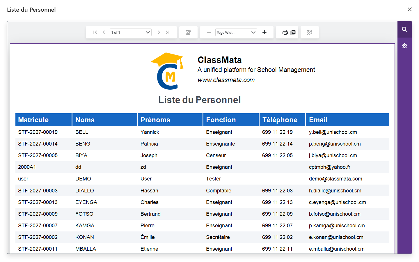 Rapport Liste du Personnel