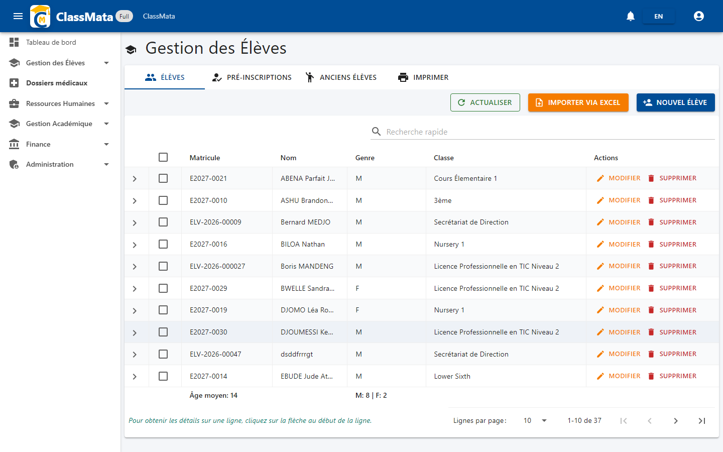 Liste des élèves