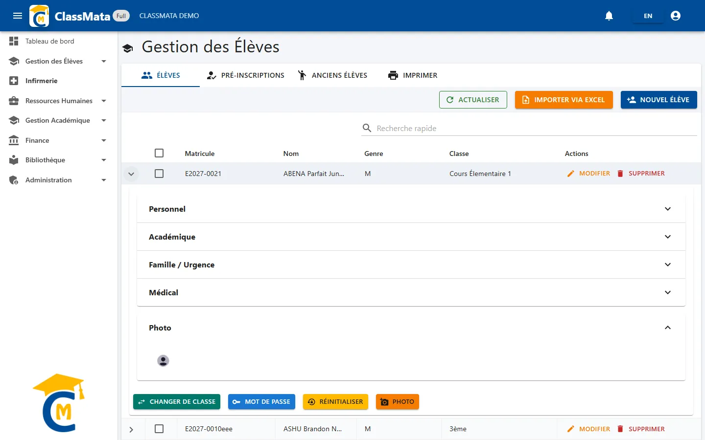 Fiche élève avec la section Photo vide