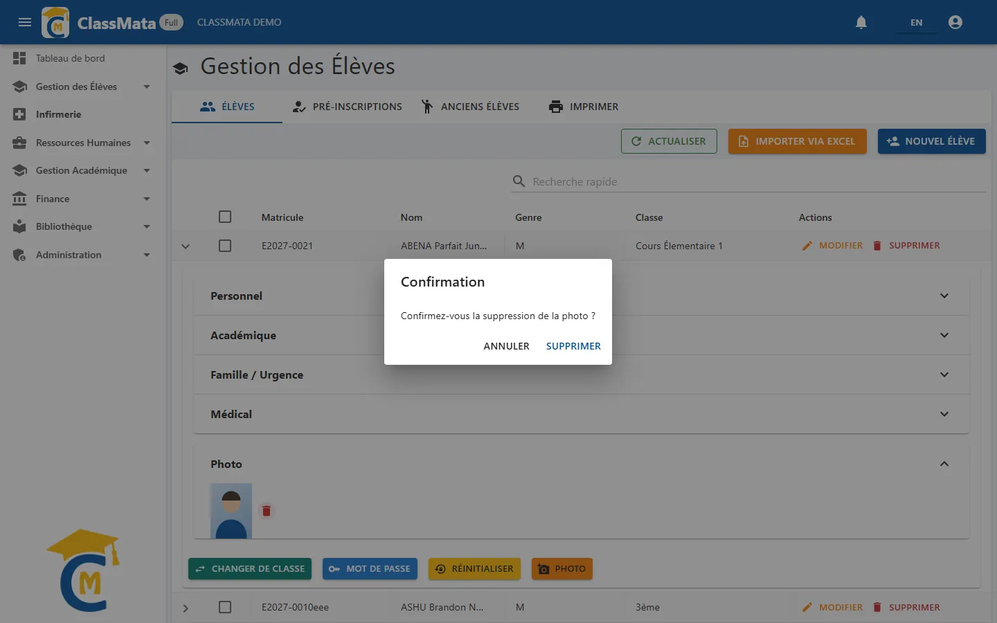 Confirmation de suppression de la photo