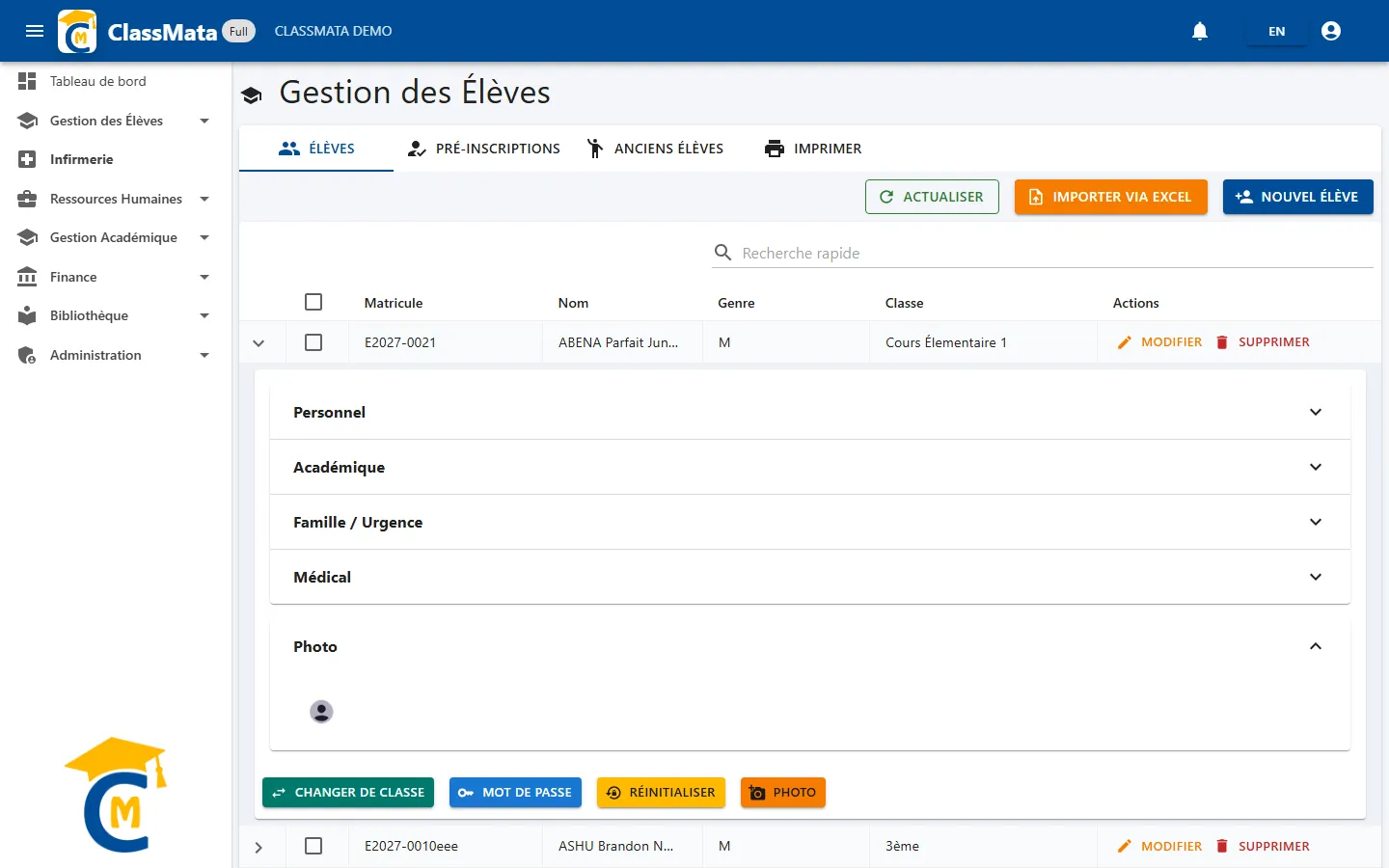 Boutons d'actions de la fiche élève