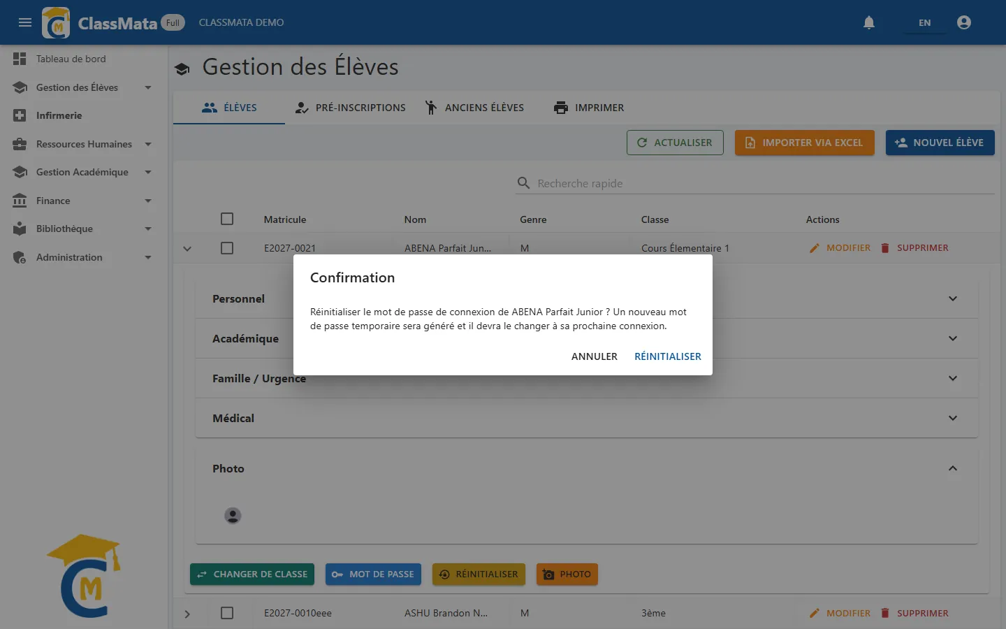 Confirmation de la réinitialisation