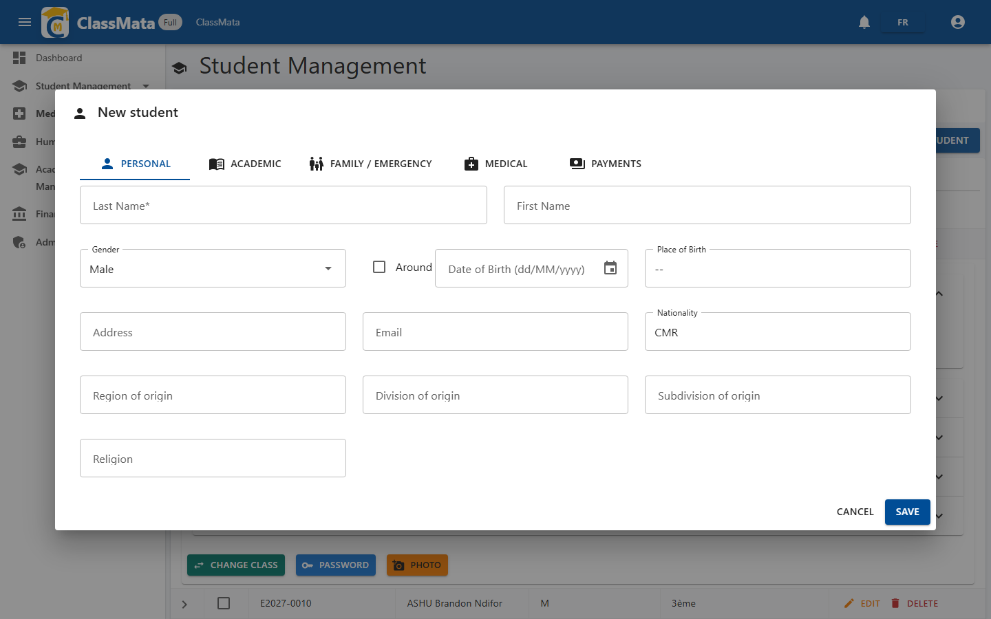 New student — Personal tab
