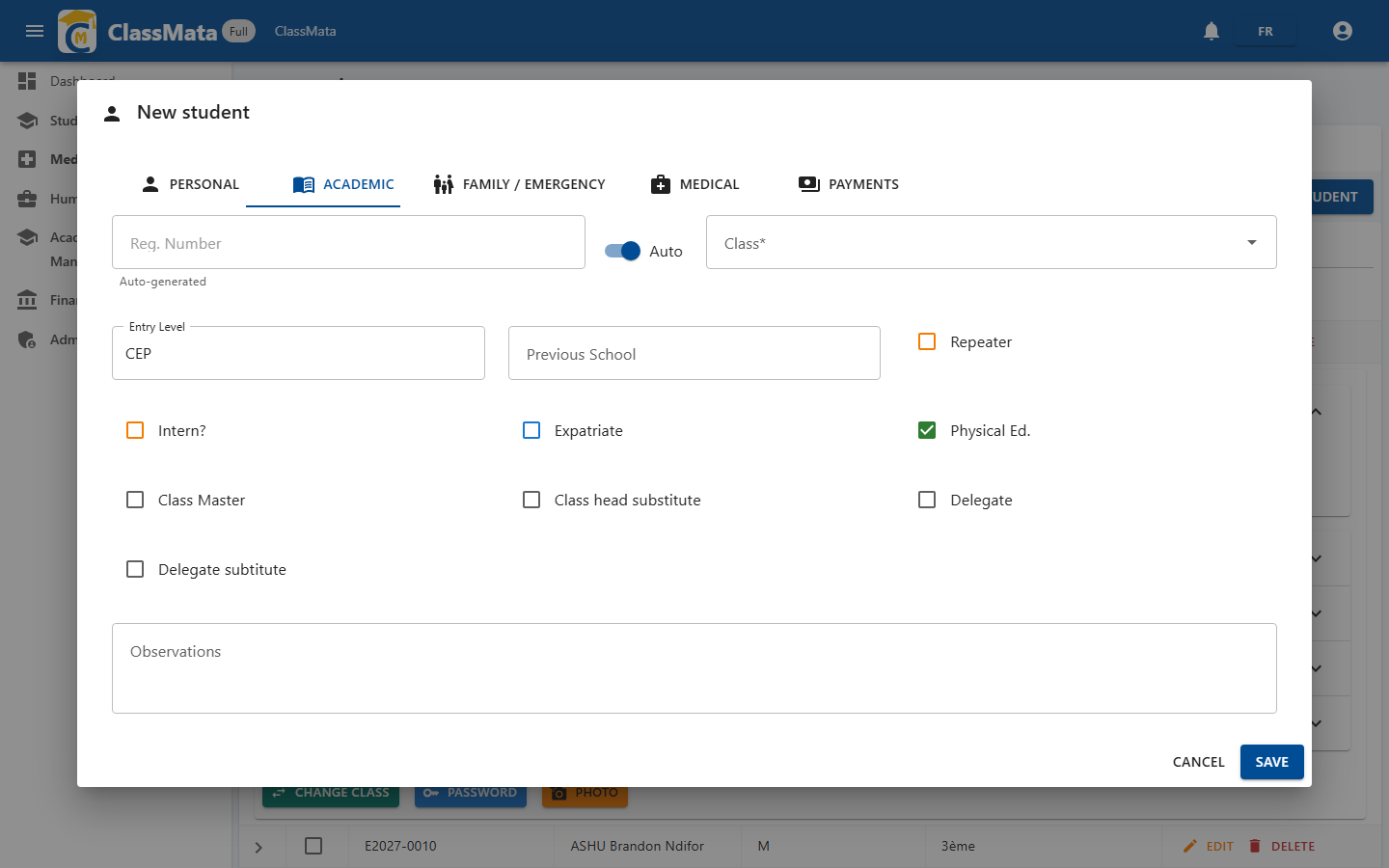 New student — Academic tab