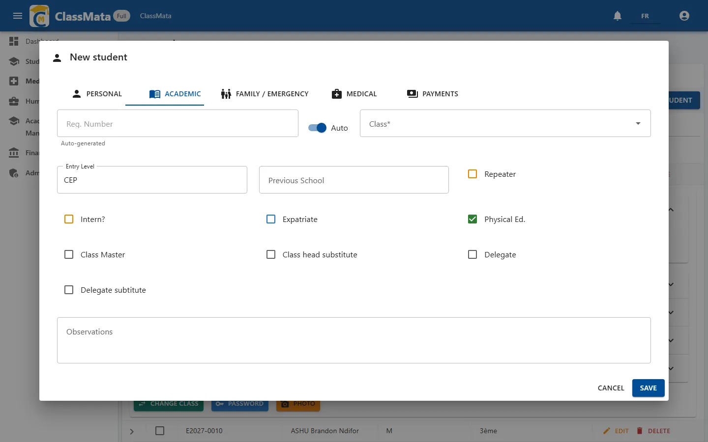 New student — Academic tab