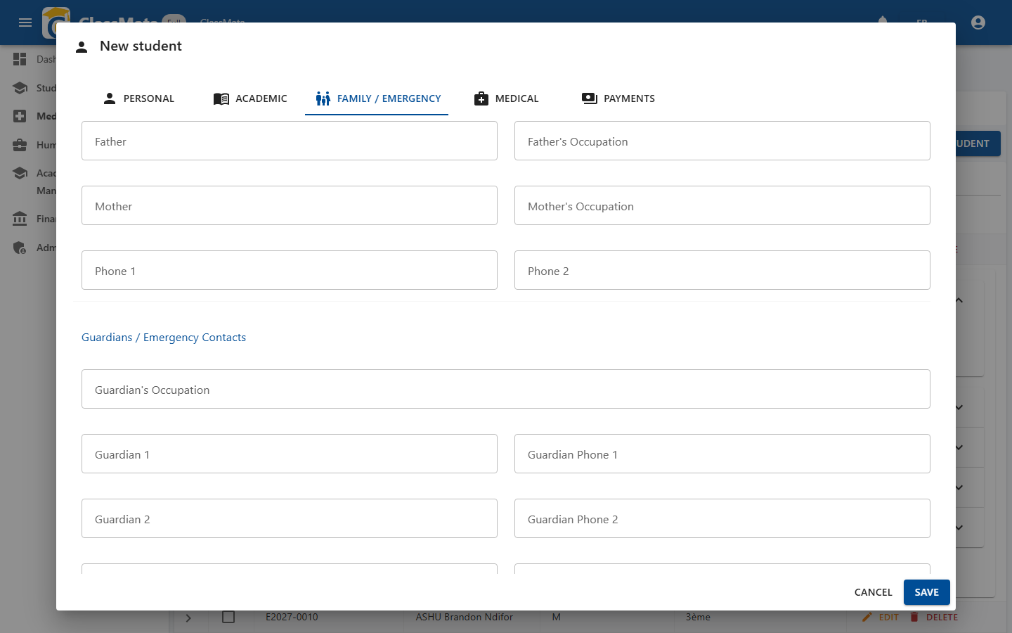 New student — Family / Emergency tab