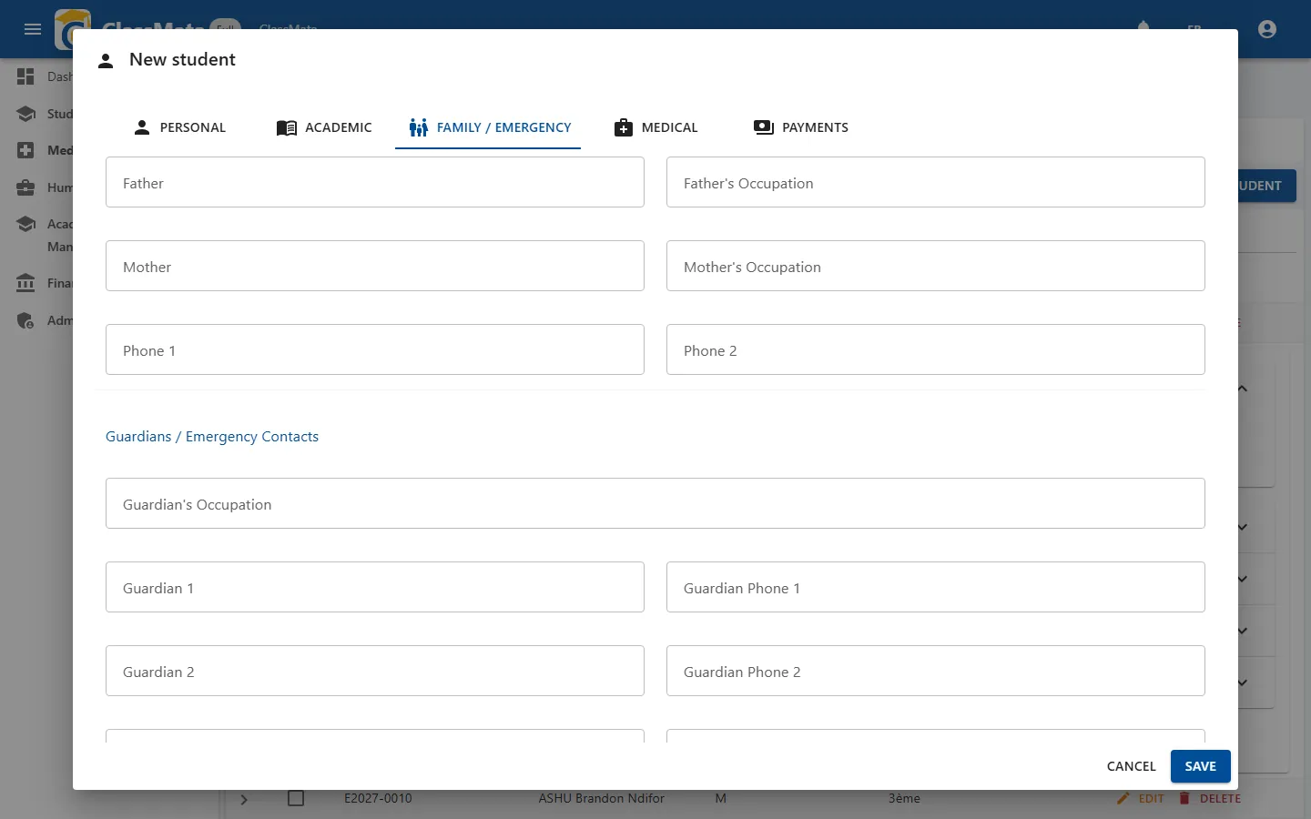 New student — Family / Emergency tab