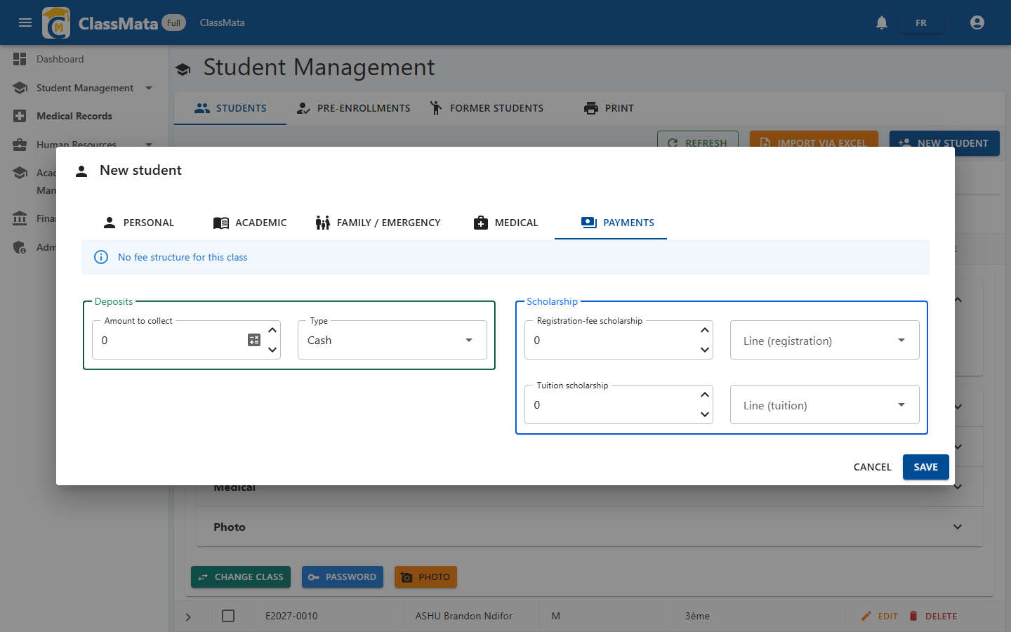 New student — Payments tab