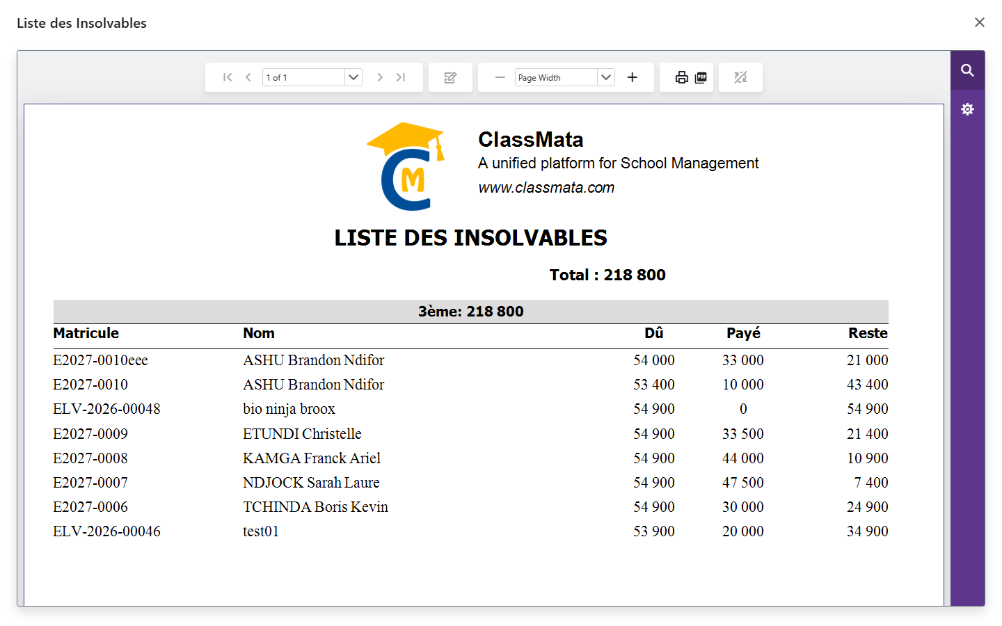 Liste des insolvables d'une classe