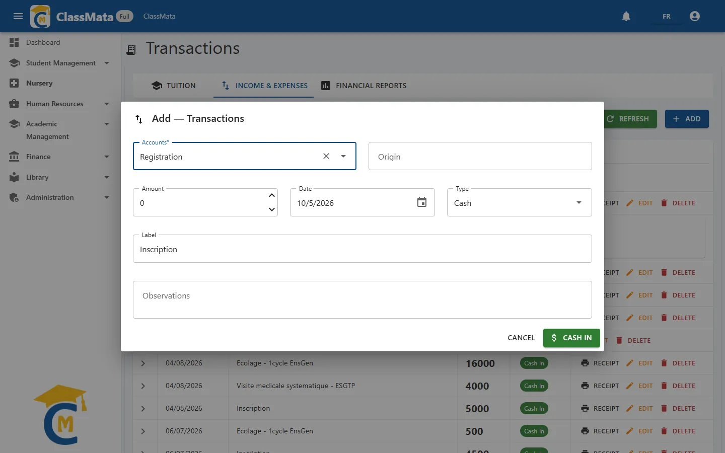 Income account: Cash In button