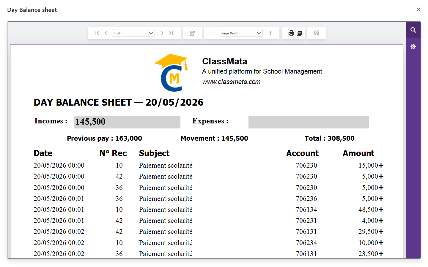 Day balance sheet of 20/05/2026